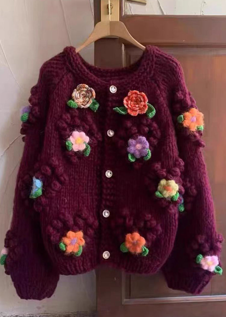 Red O Neck Button Cozy Cotton Knit Coats Long Sleeve