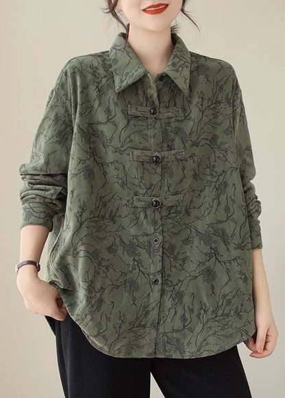 Green Peter Pan Collar Chinese Button Cotton Shirt Tops Fall