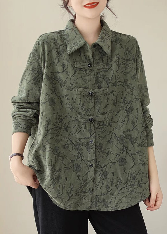 Green Peter Pan Collar Chinese Button Cotton Shirt Tops Fall