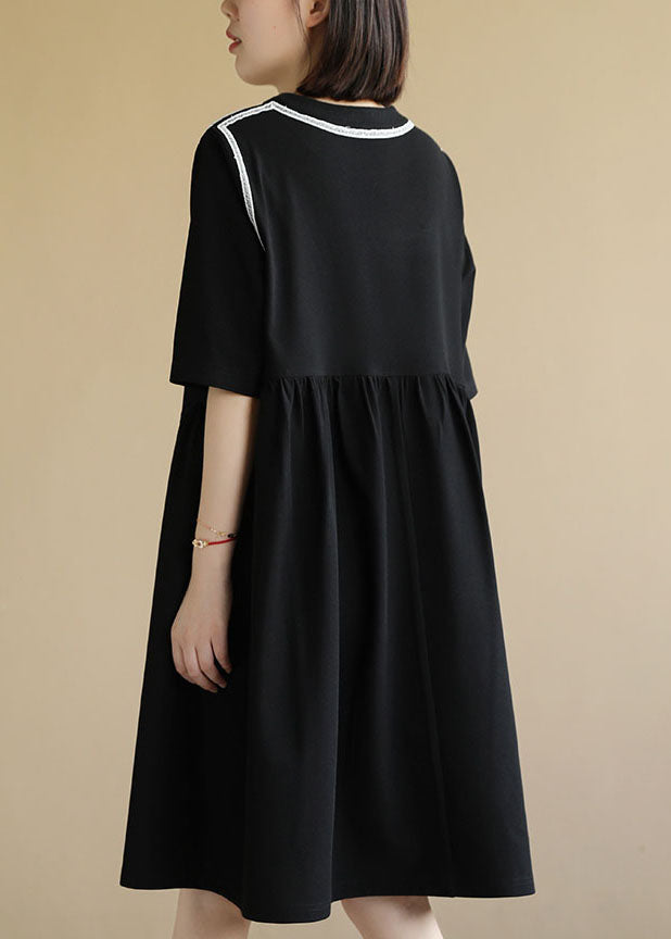 Italian Black O-neck Patchwork Knit Cinch Mid Dress Short Sleeve