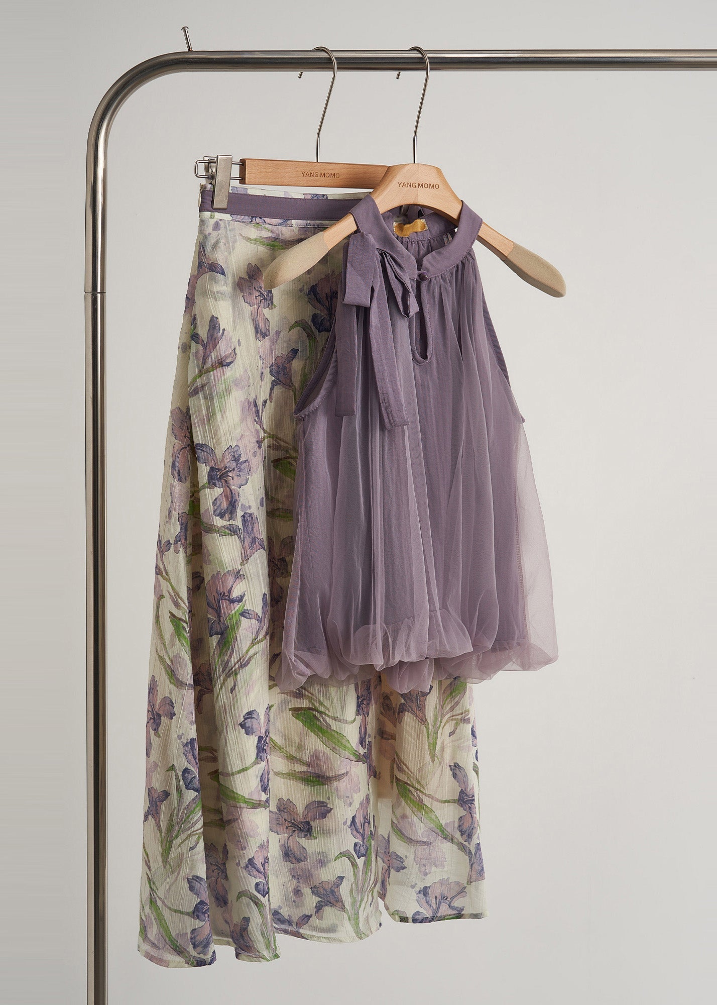 Lavender Cold Shoulder Print Tulle Two Pieces Set Summer