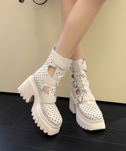 Boutique White Cowhide Leather Hollow Out Buckle Strap Splicing Boots