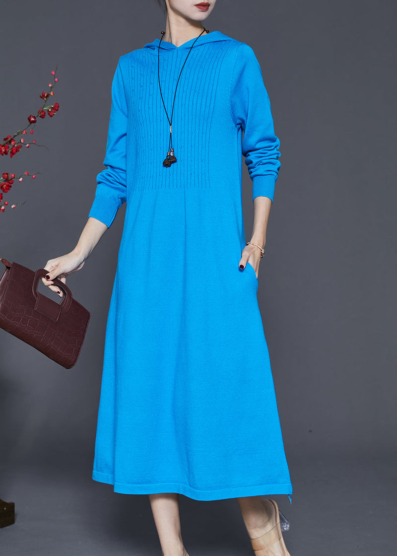 Blue Hooded Silm Fit Knit Long Dress Spring