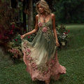 Vintage Pink Roses Art Gradient Embroidered Linen Suspender Long Dress artswardrobe