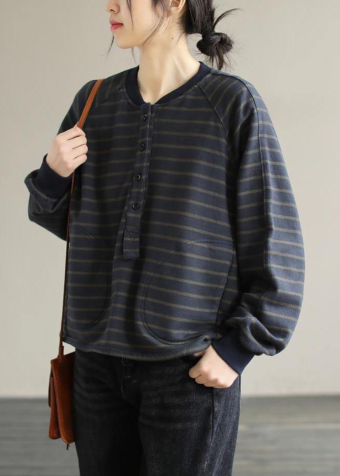 Simple O Neck Spring Clothes for Christmas Gifts Navy Striped Blouses
