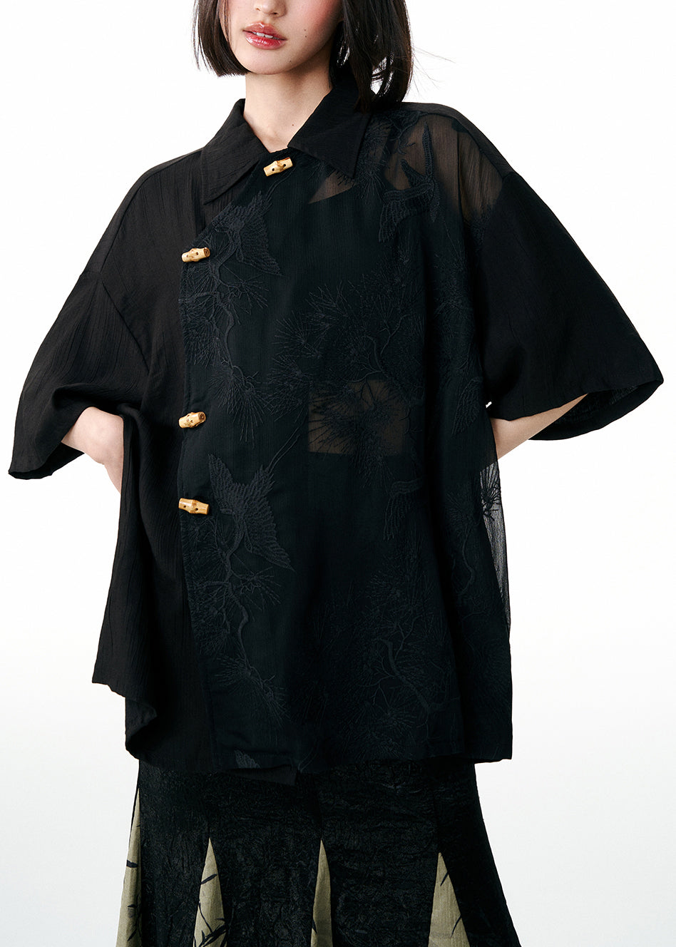 Black Peter Pan Collar Embroideried Patchwork Tulle Blouses Fall