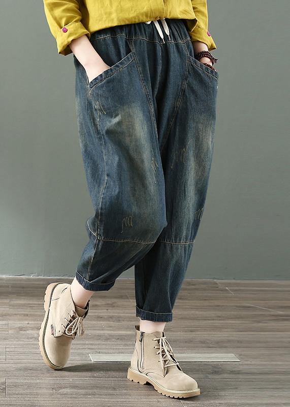 Spring Nine Points Cross Pants Denim Harem Pants Female Elastic Waist Retro Loose Trousers