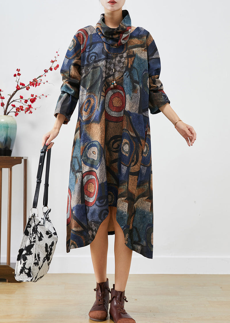 Navy Oversized Print Woolen Dress Two Piece Set Fall