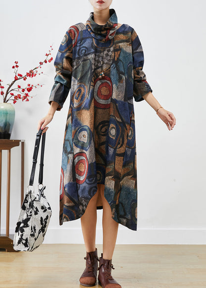 Navy Oversized Print Woolen Dress Two Piece Set Fall