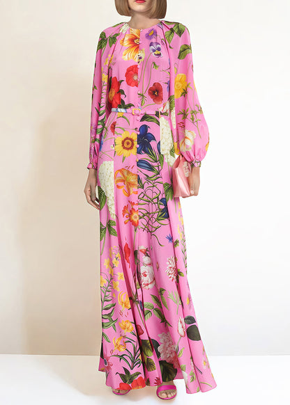Style Pink O Neck Print Tie Waist Silk Long Dress Spring