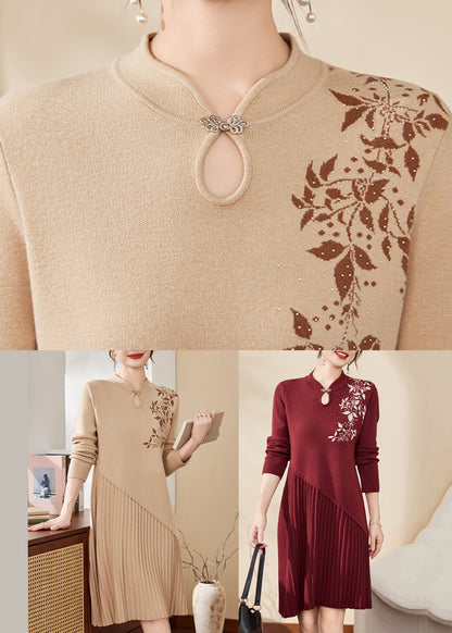 Apricot Print Ptchwork Hollow Out Cotton Knit Maxi Sweater Dress Fall