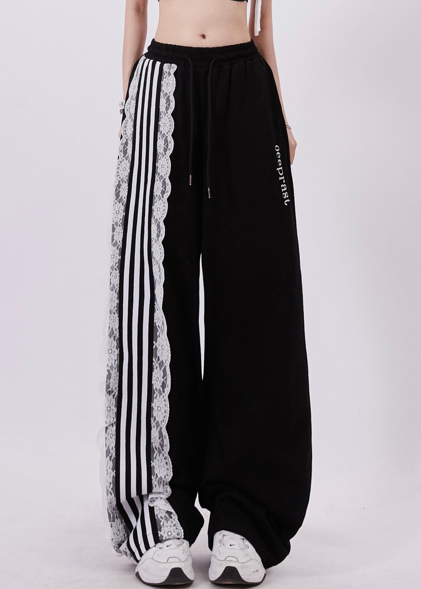 Black Pockets High Waist Lace Up Patchwork Pants Fall