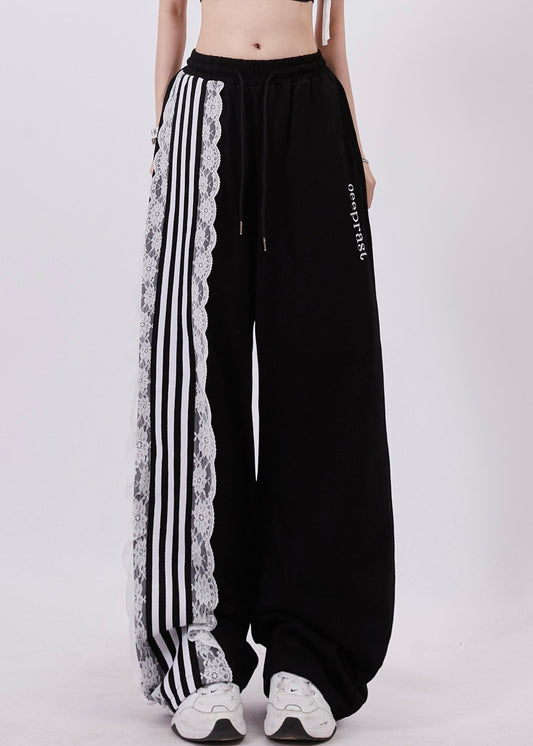 Black Pockets High Waist Lace Up Patchwork Pants Fall