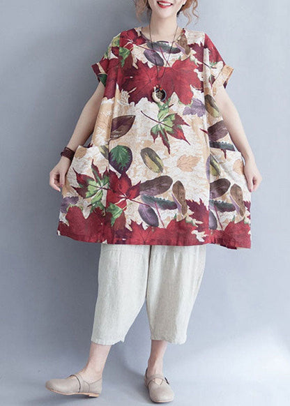 Retro O-neck Print Loose Fall Top Short Sleeve