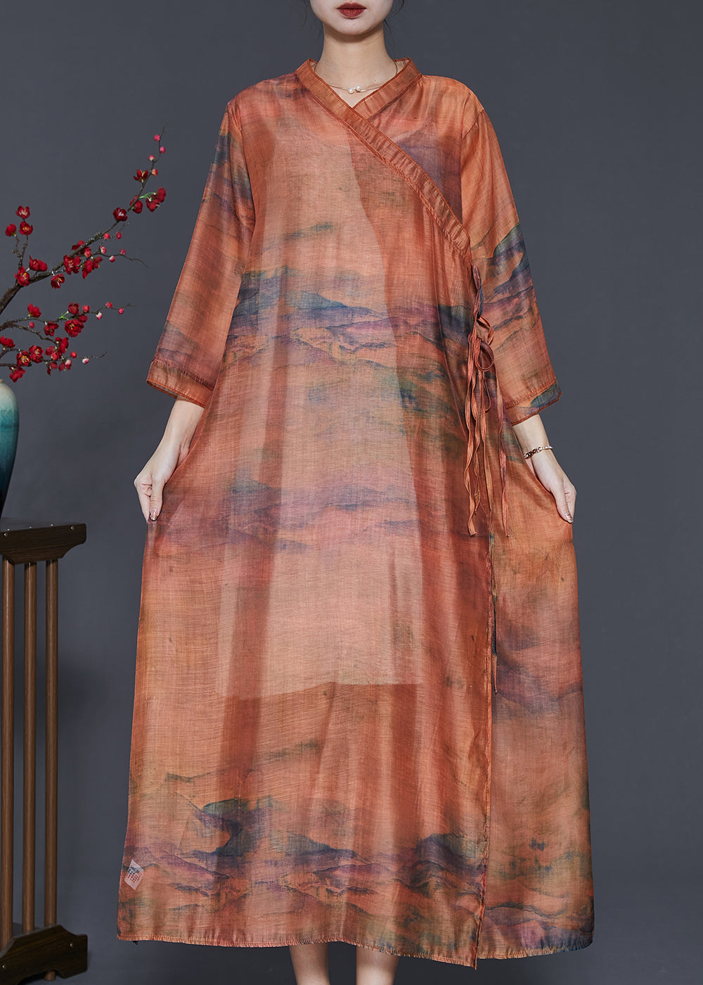 Caramel Oversized Print Linen Robe Dresses Summer