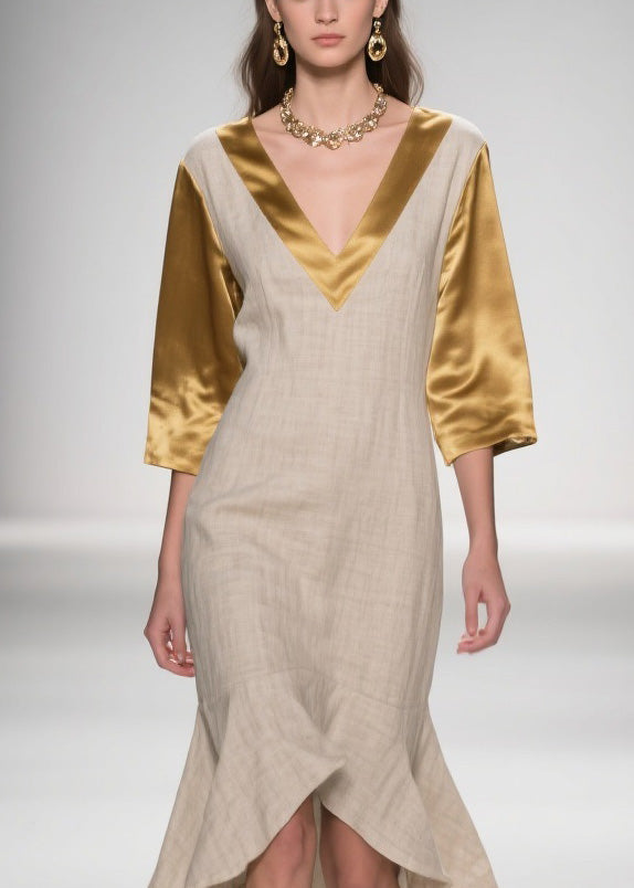 Colorblock Ruffled Patchwork Linen Silk Dresses Summer
