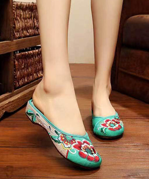 Green Cotton Fabric Retro Embroidery Splicing Slide Sandals Soofairy Shoes-20251