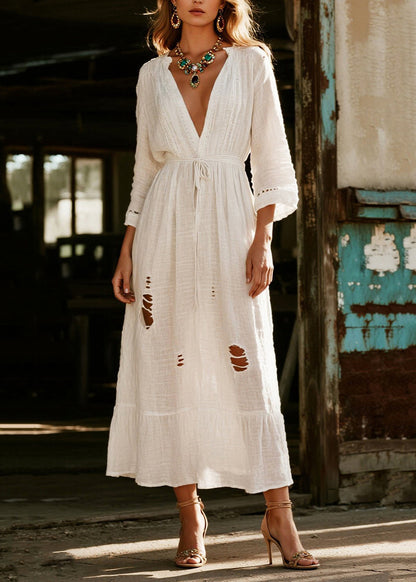 White V Neck Hollow Out Cotton Vacation Dresses Spring