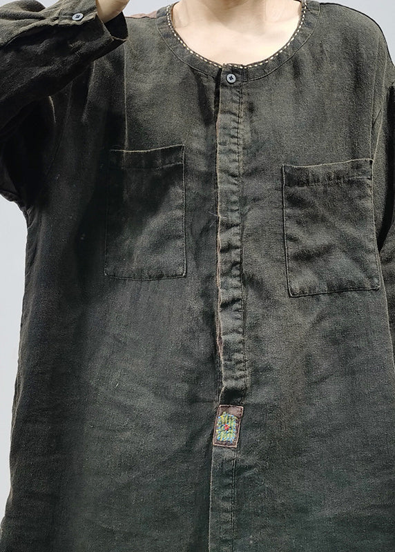 Black O-neck Pocket Patchwork Low High Design Linen Shirts Long Sleeve