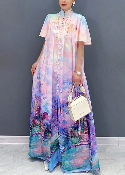 Violet Print Tie Waist Cotton Shirts Long Dresses Summer