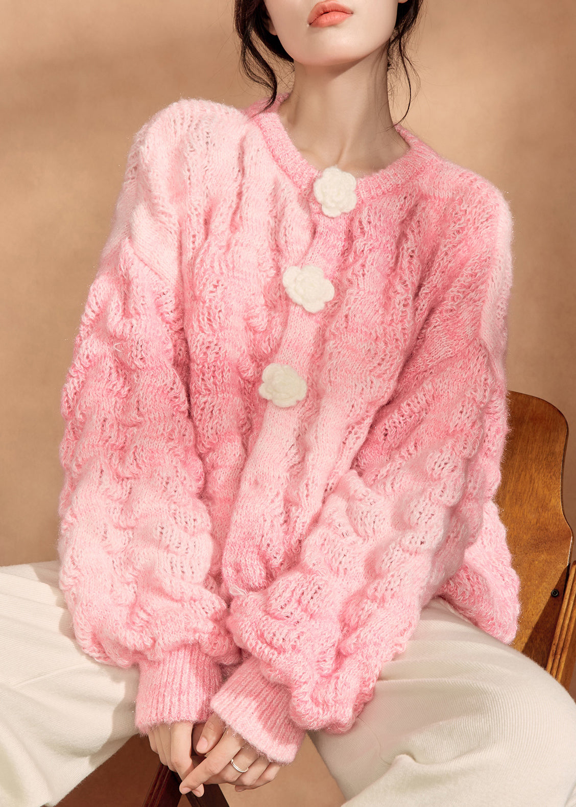 Simple Pink O Neck Button Knit Cardigan Fall