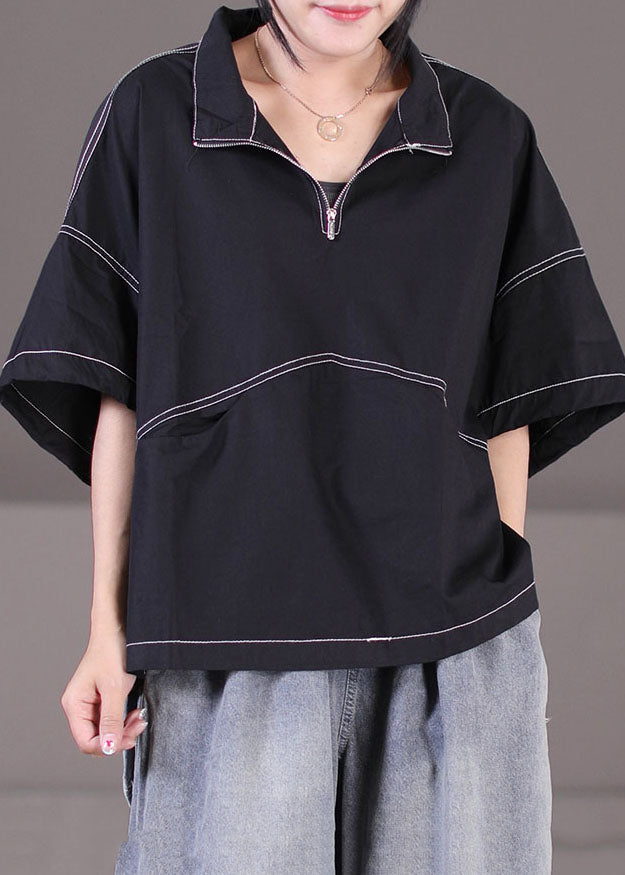 Black Zip Up Drawstring Cotton Sweatshirt Short Sleeve