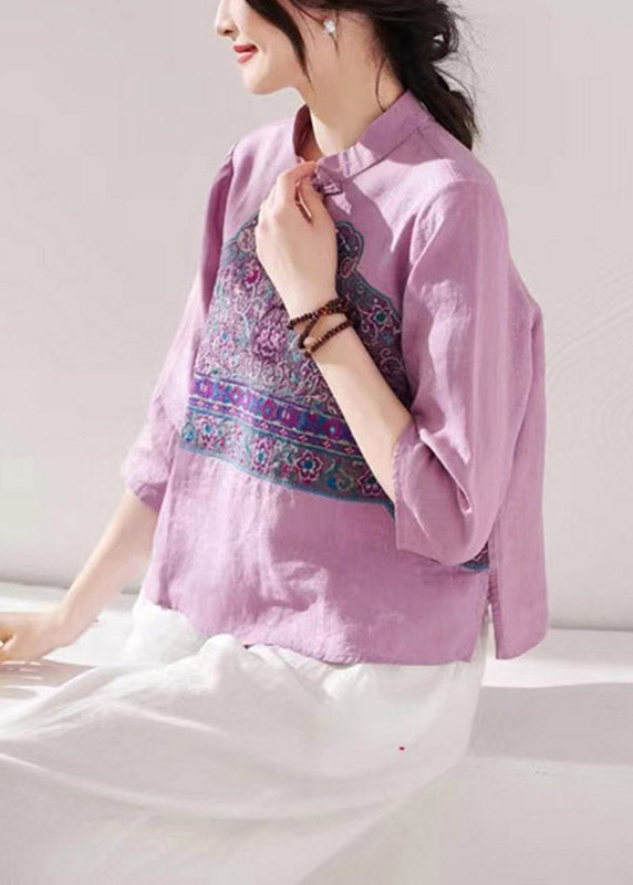 Purple Stand Collar Embroideried Button Linen Shirt Long Sleeve