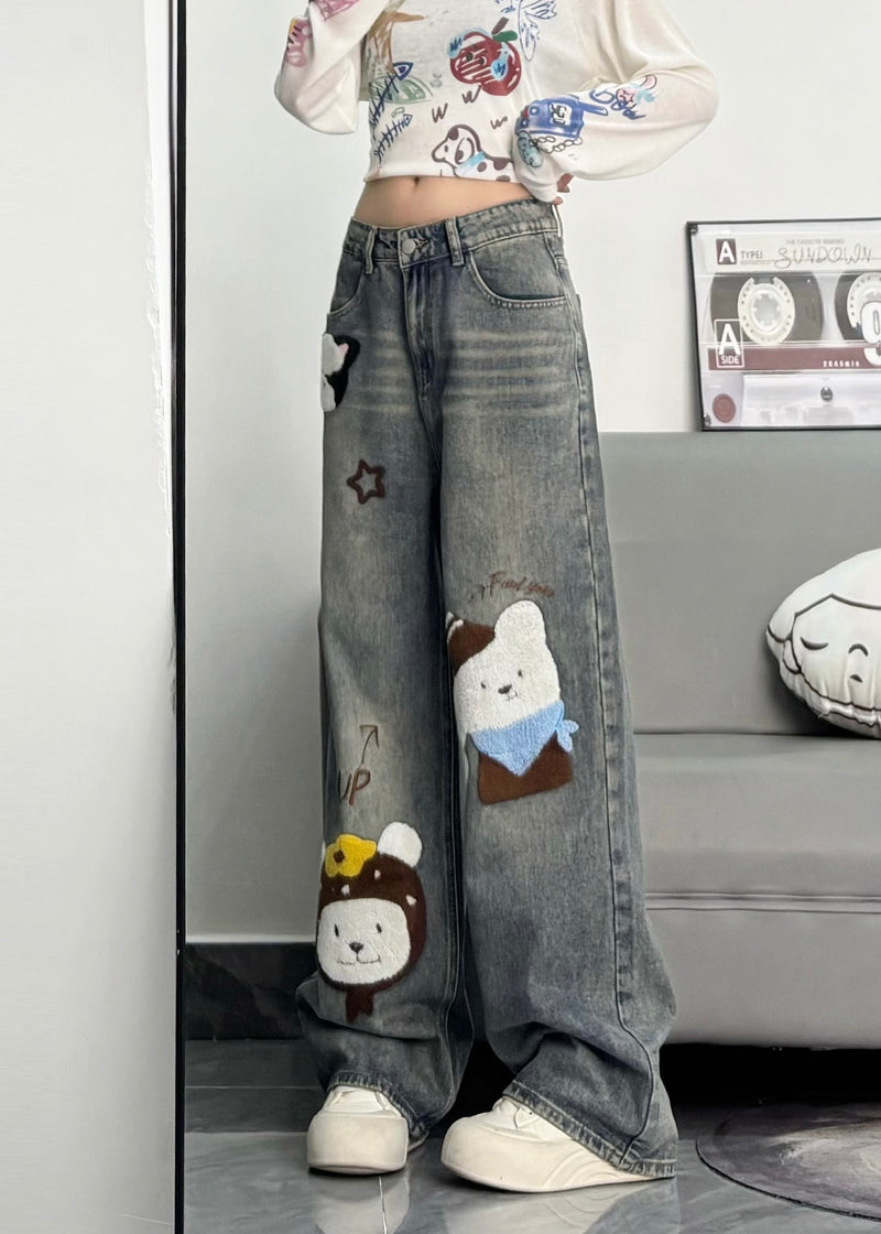 Blue Embroidered Character Denim Pants Spring