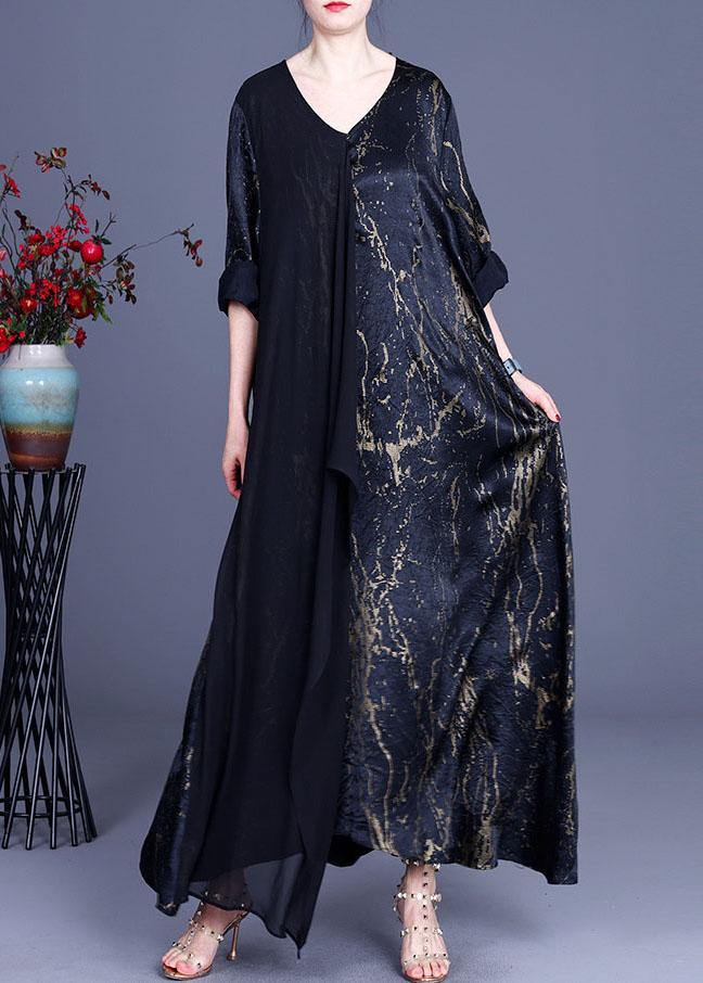 Black Print Patchwork Summer Silk Dress