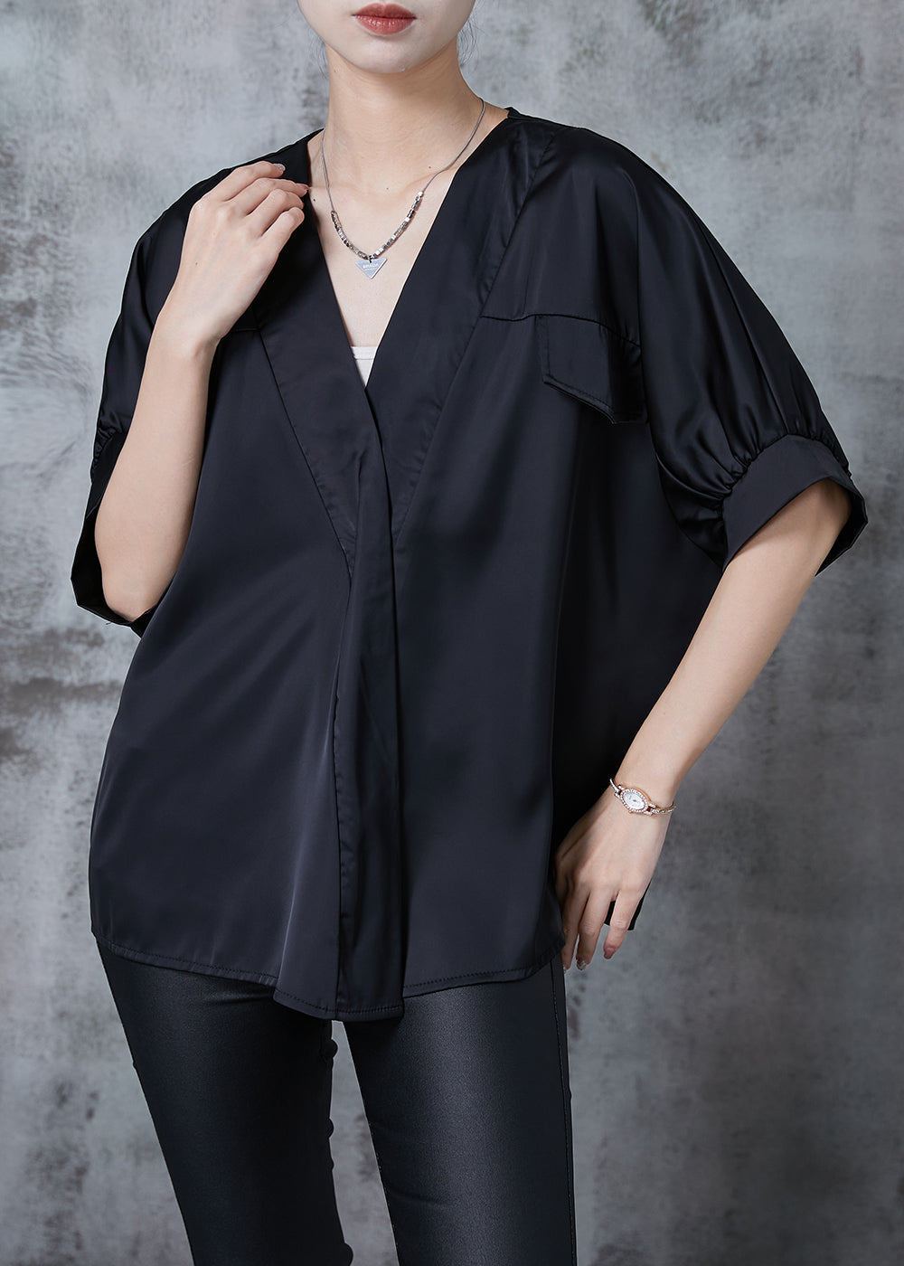 Black V Neck Patchwork Silk Shirt Top Summer