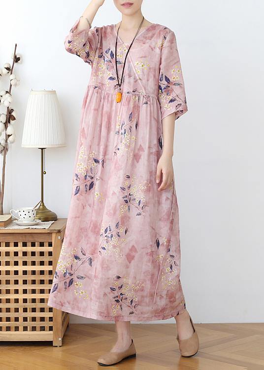 Italian Pink Print Cotton Orientaltie Waist Spring Dress