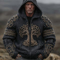 Men's Vintage Viking Life Of Tree Jacquard Knit Zipper Aran Sweater Hooded Cardigan artswardrobe