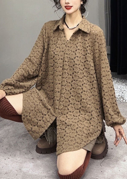 Orange Peter Pan Collar Print Side Open Shirts Long Sleeve