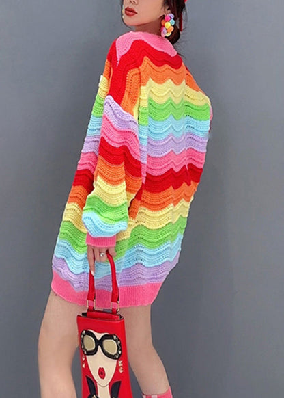 Rainbow Button Hollow Out Patchwork Knit Top Fall