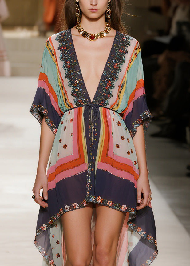 V Neck Print Low High Design Chiffon Dress Summer