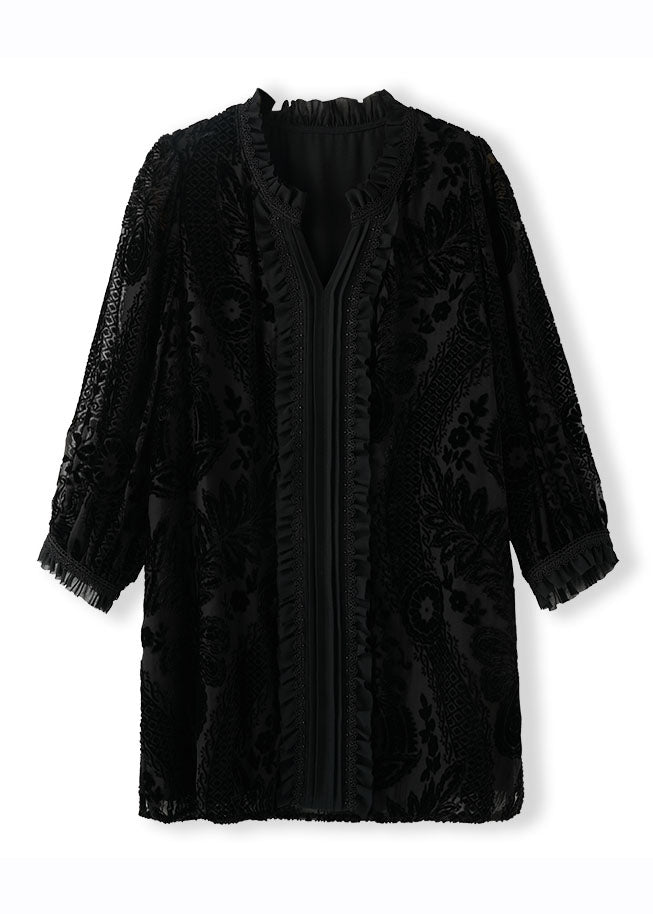 French Black V Neck Velour Tops Long Sleeve