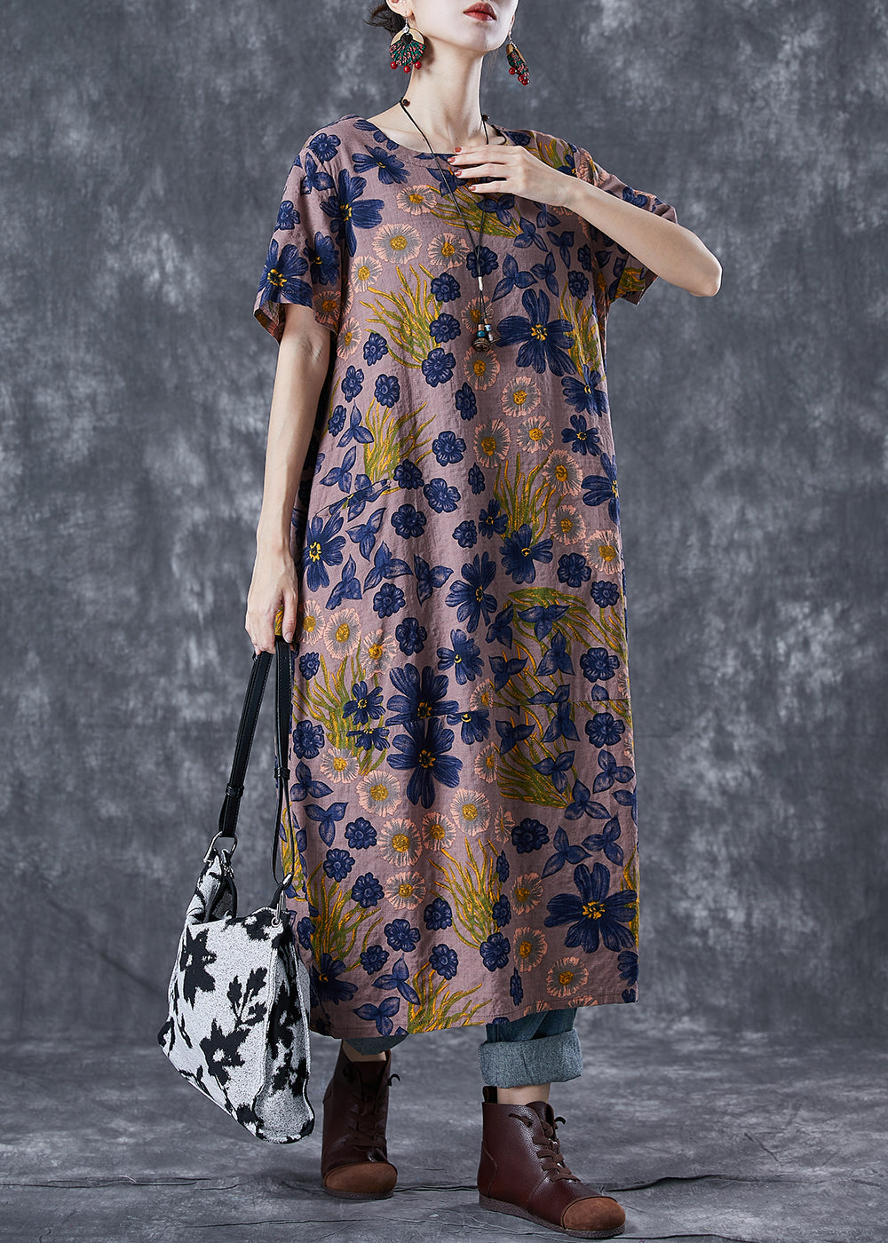 Coffee O-neck Print Linen Long Dress Summer