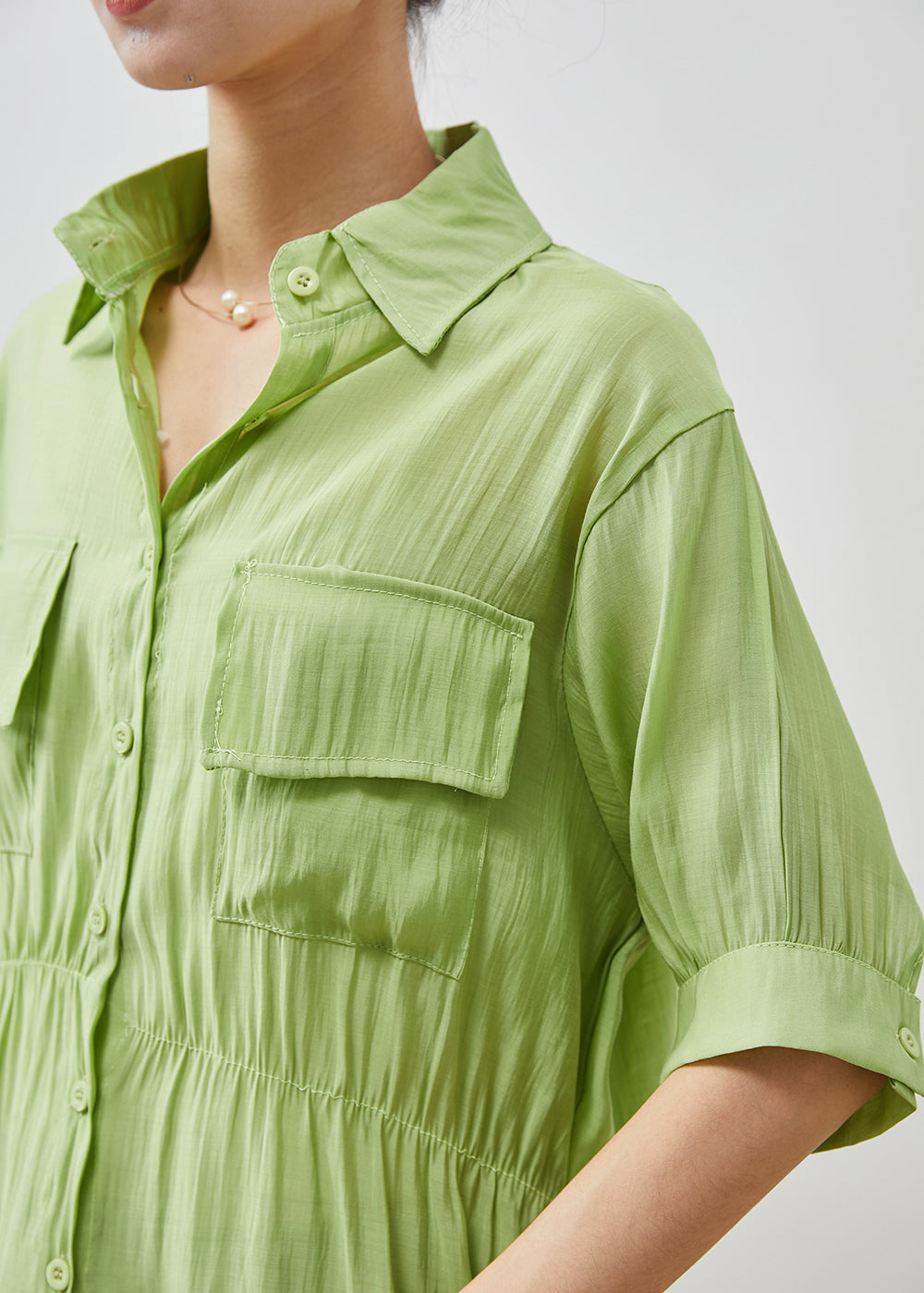 Green Cinched Silm Fit Cotton Blouse Top Summer