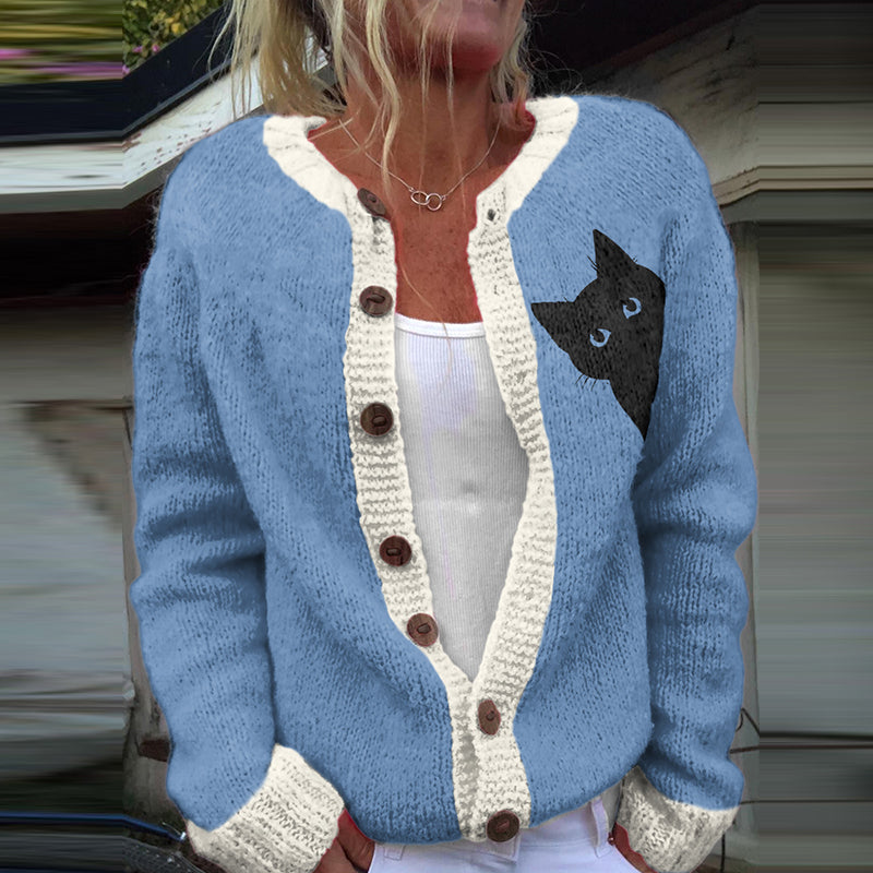 Comstylish Vintage Peek-A-Boo Hiding Black Cat Printed Comfortable Sweater Knit Cardigan
