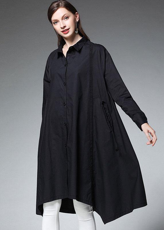 Black Pockets Asymmetrical Design Fall Cotton Long Shirts Long Sleeve