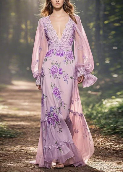 Light Purple Print Ruffled Patchwork Chiffon Long Dresses Spring