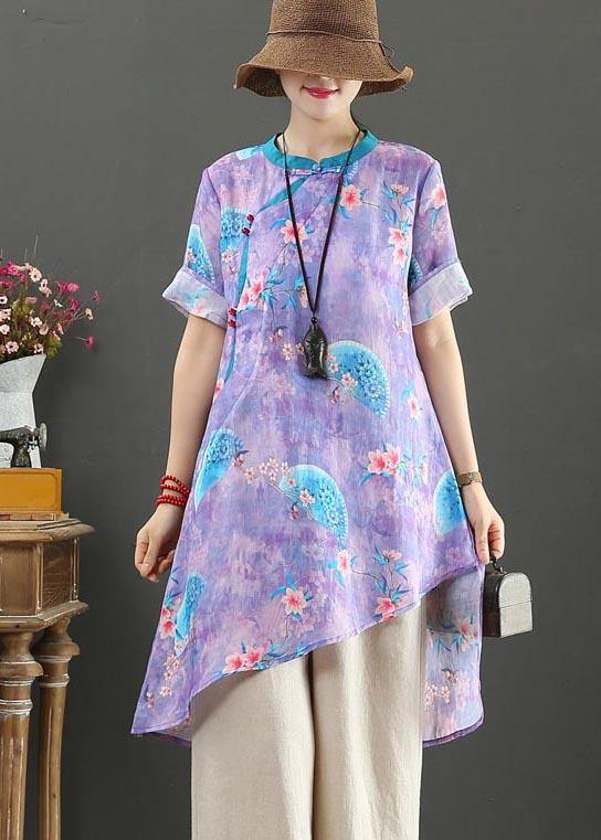 Purple Print Linen Asymmetrical Design Shirt Summer