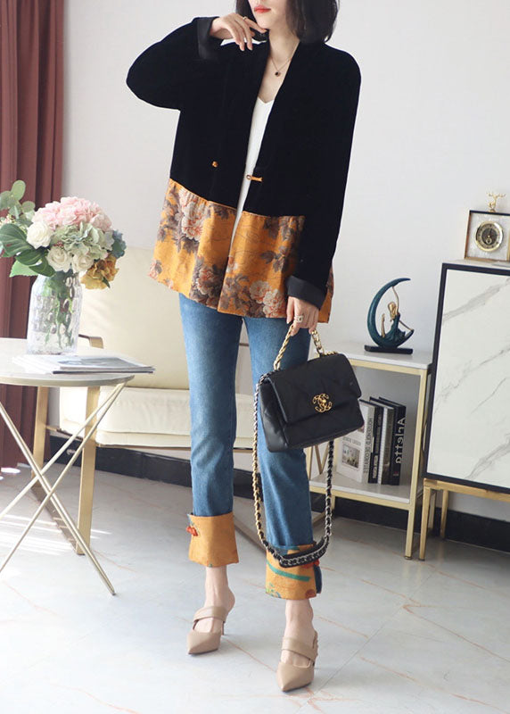 Italian Black Button V Neck Print Patchwork Silk Coats Long Sleeve Spring