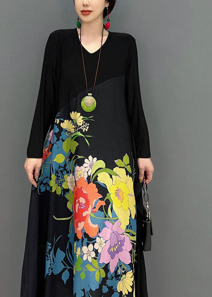 Black V Neck Patchwork Print a Line Dress Spring