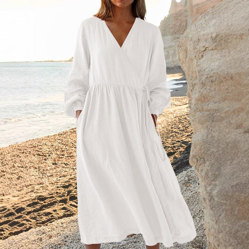 Casual Pleated Wrap V Neck Linen Midi Dress artswardrobe