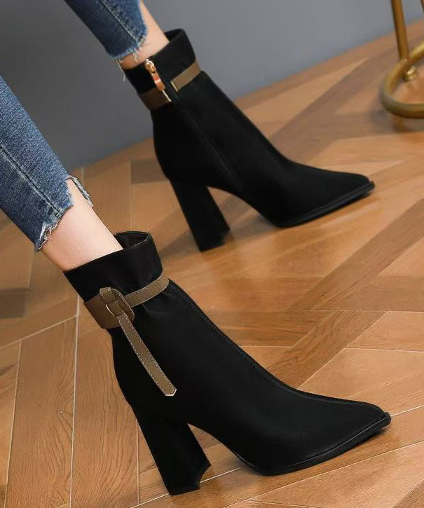 Black Faux Leather Splicing Boots Pointed Toe