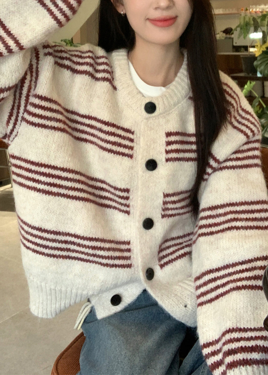 Natural Red Striped O-neck Cotton Knit Cardigan Long Sleeve