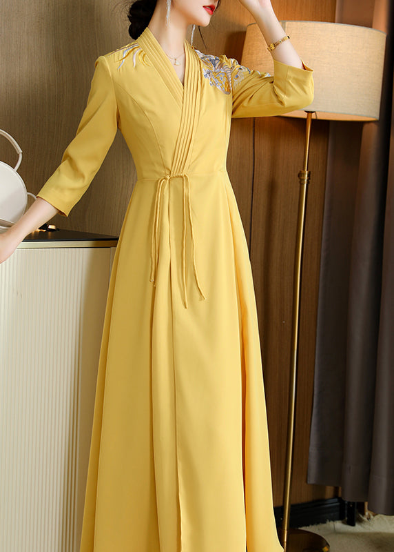 Yellow V Neck Embroideried Drawstring Satin Long Dresses Fall