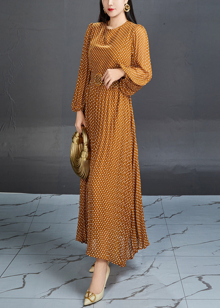 Orange Dot High Waist Chiffon Long Dress Fall