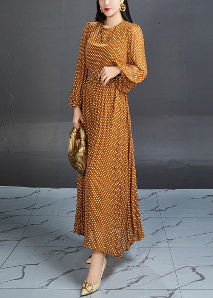 Orange Dot High Waist Chiffon Long Dress Fall
